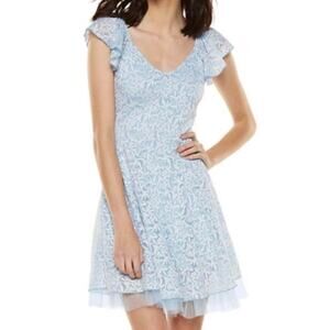 Disney Cinderella Lace Dress Baby Blue Floral Ruffle Flutter Sleeve Tulle Hem SM